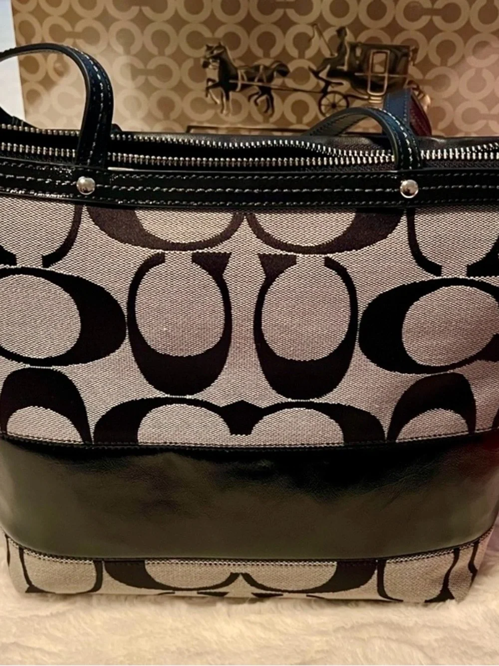 Coach Black and Khaki Signature Canvas Tote